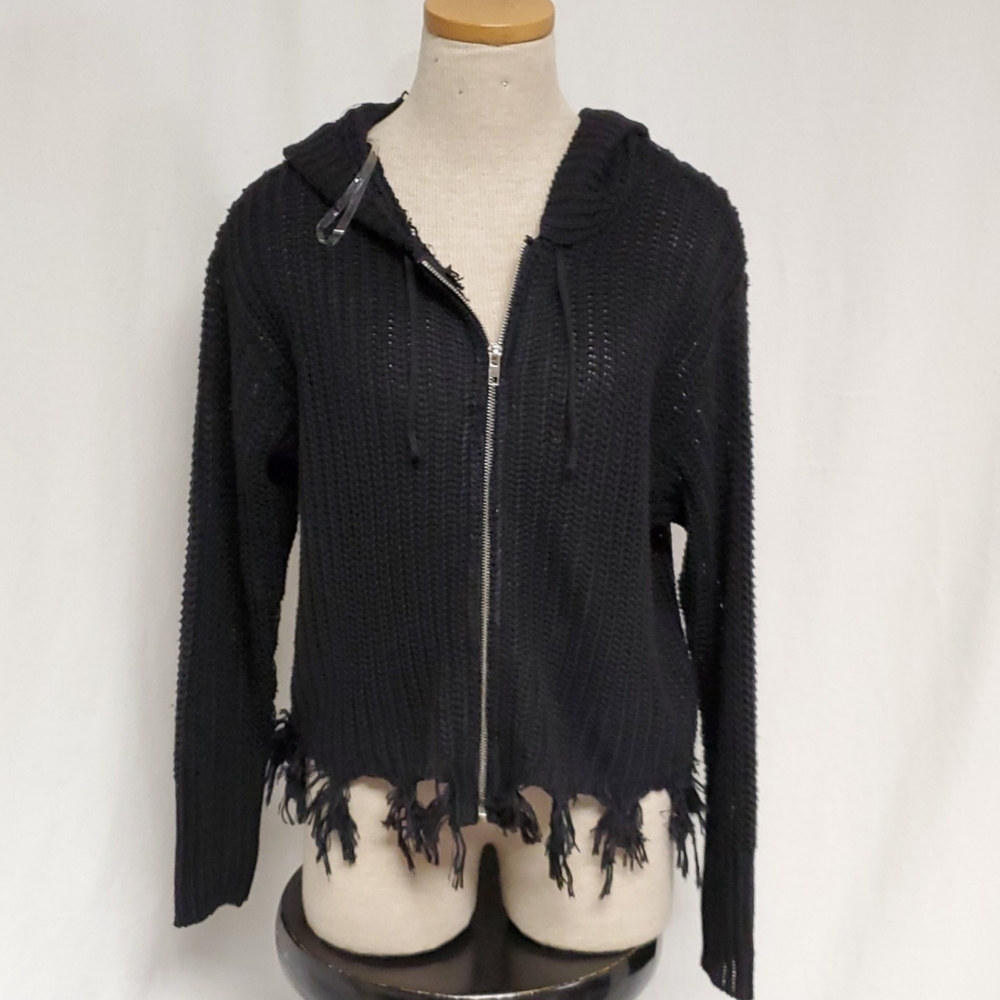 Hooded Zip Up Frayed Chucky Cardigan